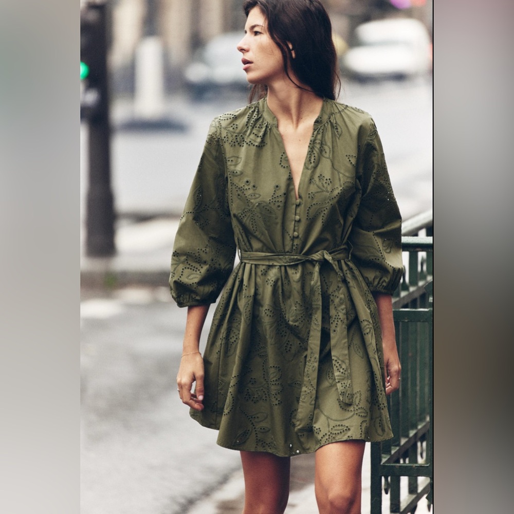 Zara Olive Green Long Sleeve Eyelet Mini Dress